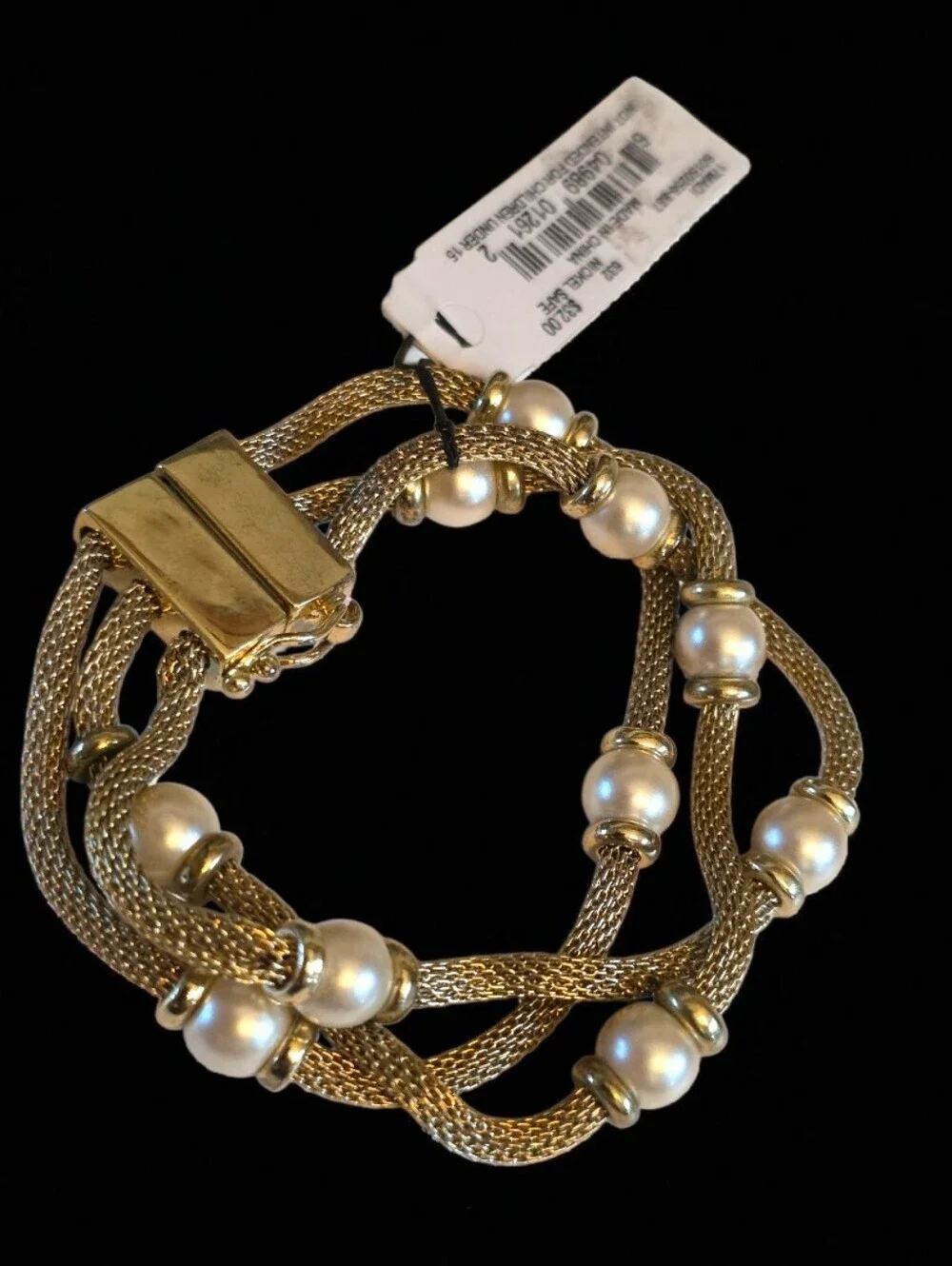 Anne Klein Vtg Gold Multi Strand Faux Pearl Bracelet Magnetic Clasp NWT Elegant